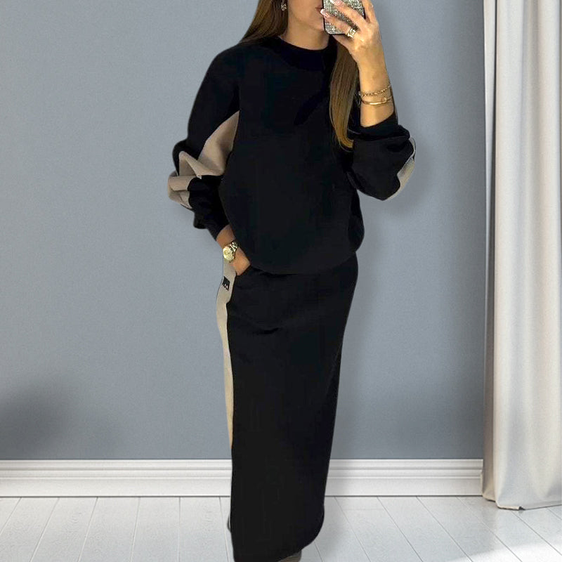 🧥Chic Color Block Two-Piece Set – Loose Top & Split Skirt