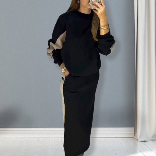 🧥Chic Color Block Two-Piece Set – Loose Top & Split Skirt