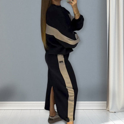 🧥Chic Color Block Two-Piece Set – Loose Top & Split Skirt