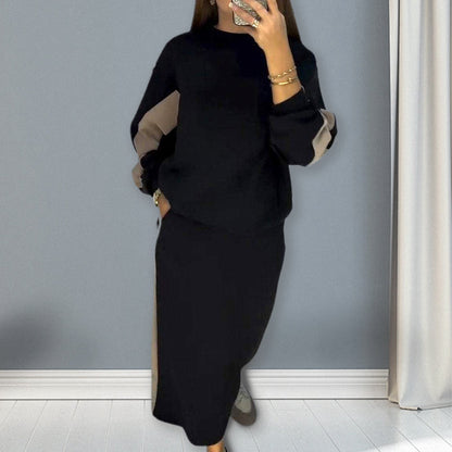 🧥Chic Color Block Two-Piece Set – Loose Top & Split Skirt