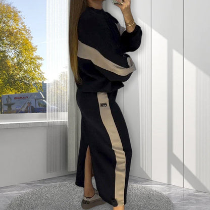 🧥Chic Color Block Two-Piece Set – Loose Top & Split Skirt