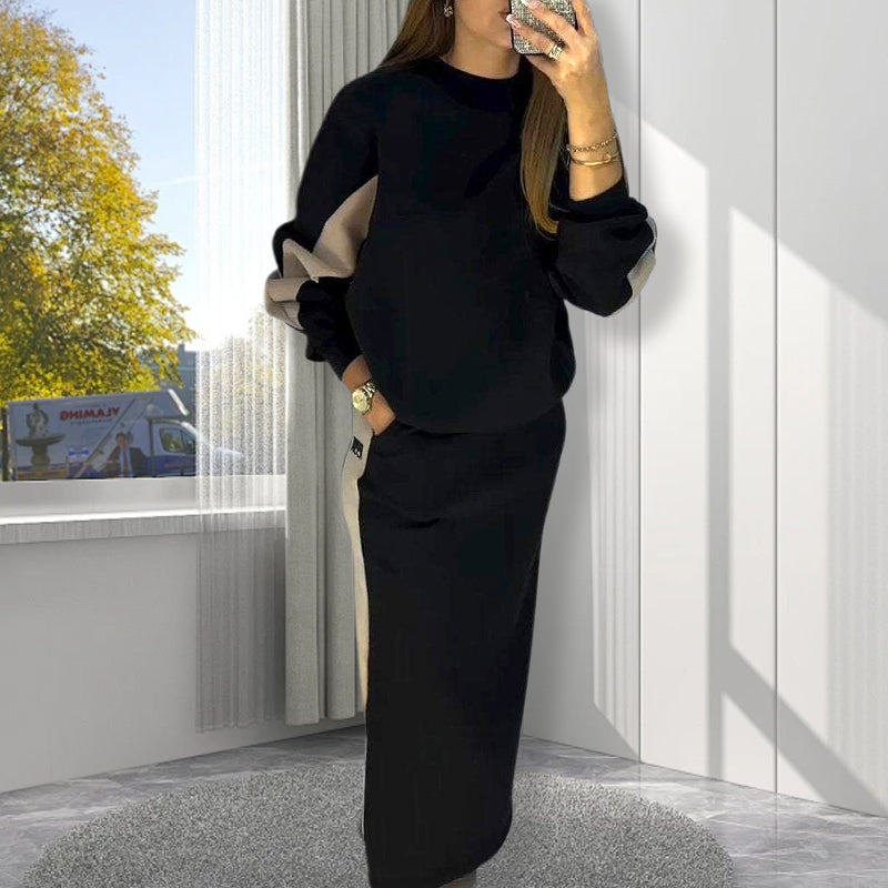 🧥Chic Color Block Two-Piece Set – Loose Top & Split Skirt