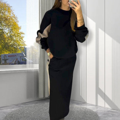 🧥Chic Color Block Two-Piece Set – Loose Top & Split Skirt