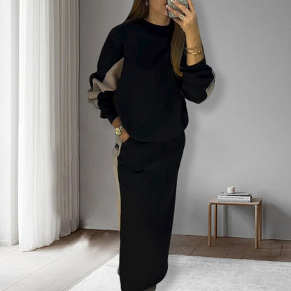 🧥Chic Color Block Two-Piece Set – Loose Top & Split Skirt